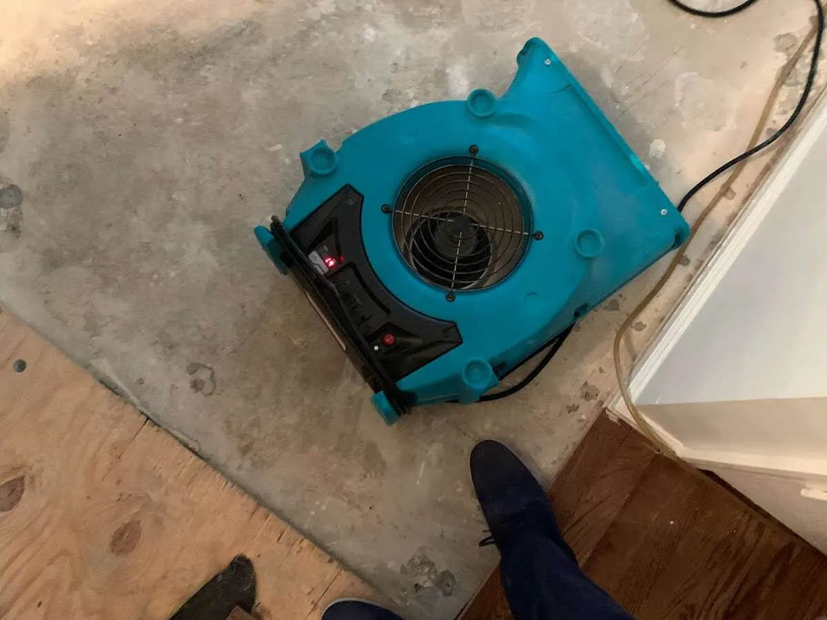 Air mover drying subfloor during Commercial Water Damage Restoration in Chowchilla